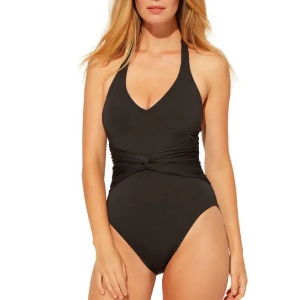 Bleu by Rod Beattie Plunge Halter-Style One Piece Black Swimsuit
